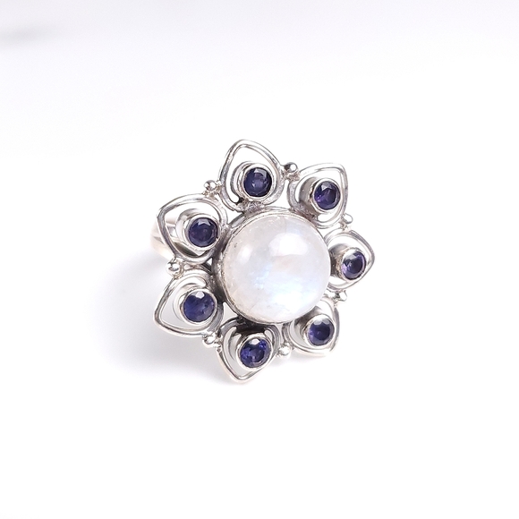 925 Sterling Silver Rainbow Moonstone and Iolite Flower Ring Size 7.5 - Picture 9 of 16